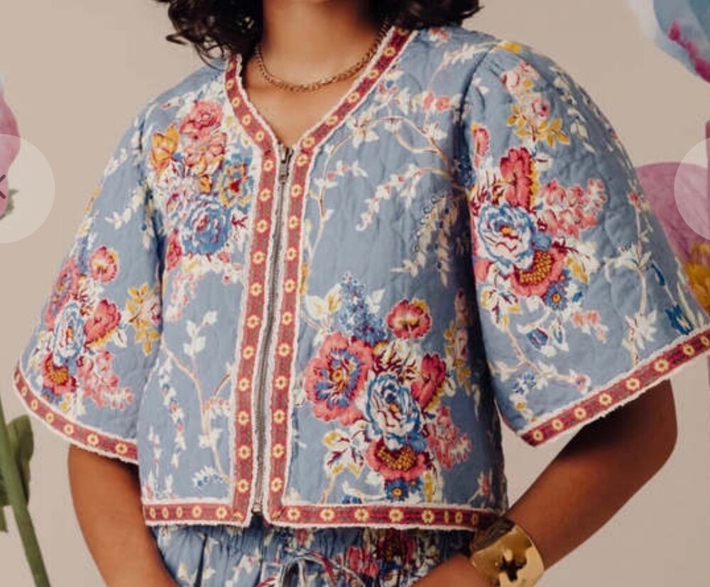 Love the Label Blue Floral Cotton Crop Jacket - Medium